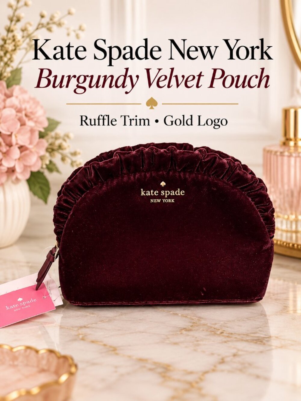 Kate Spade New York Burgundy Velvet Ruffle Cosmetic Pouch NWT